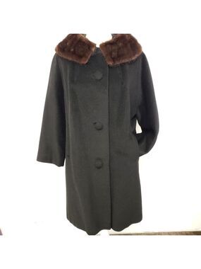 Vtg Townly Wool Dress Coat Mink Fur Collar Black L Satin Lined EUC Mid Century
